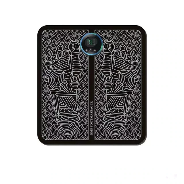 Black Fitlybuy EMS foot massager pad with white line art of feet, digital control center, and electrotherapy tech.