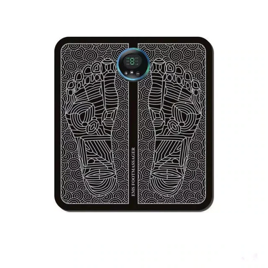 Black Fitlybuy EMS foot massager pad with white line art of feet, digital control center, and electrotherapy tech.