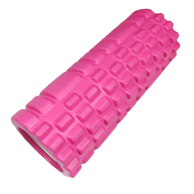 Fitlybuy pink yoga foam roller with textured FlexTech grid pattern for deep tissue massage and muscle recovery.