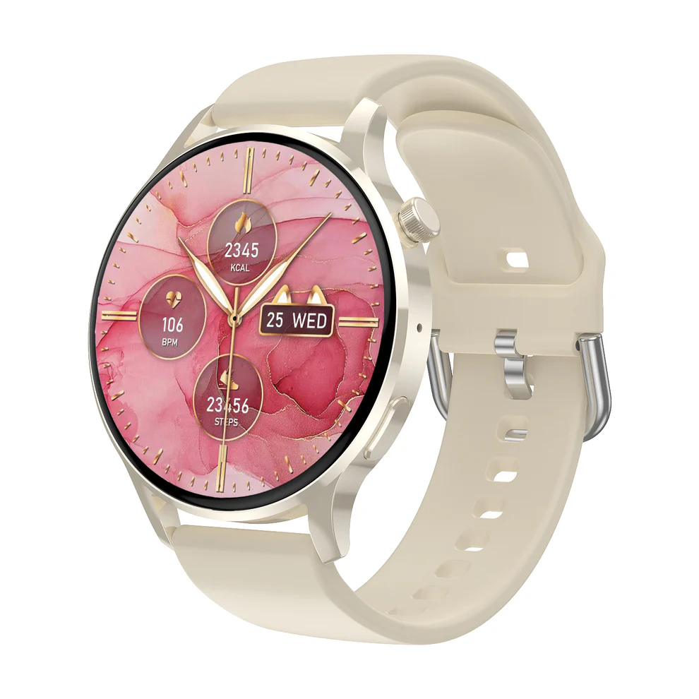 Fitlybuy Kexi-Life Watch 3 Pro in beige with a pink floral face, showing health metrics like heart rate and calories.