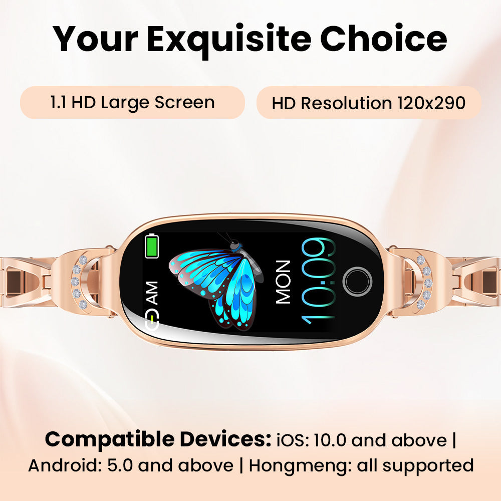 Rose gold luxury smartwatch with diamond accents, 1.1-inch HD display, and HealthSync blood pressure monitoring.
