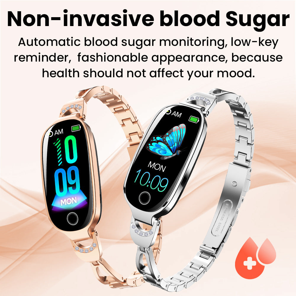 Rose gold and silver Fitlybuy Kexi-Life diamond-studded smartwatches for blood glucose and pressure monitoring.