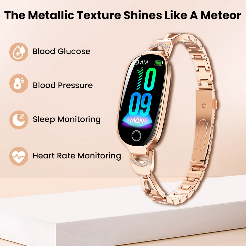 Fitlybuy Kexi-Life rose gold diamond smartwatch with health tracking for glucose, blood pressure, sleep, and heart rate.
