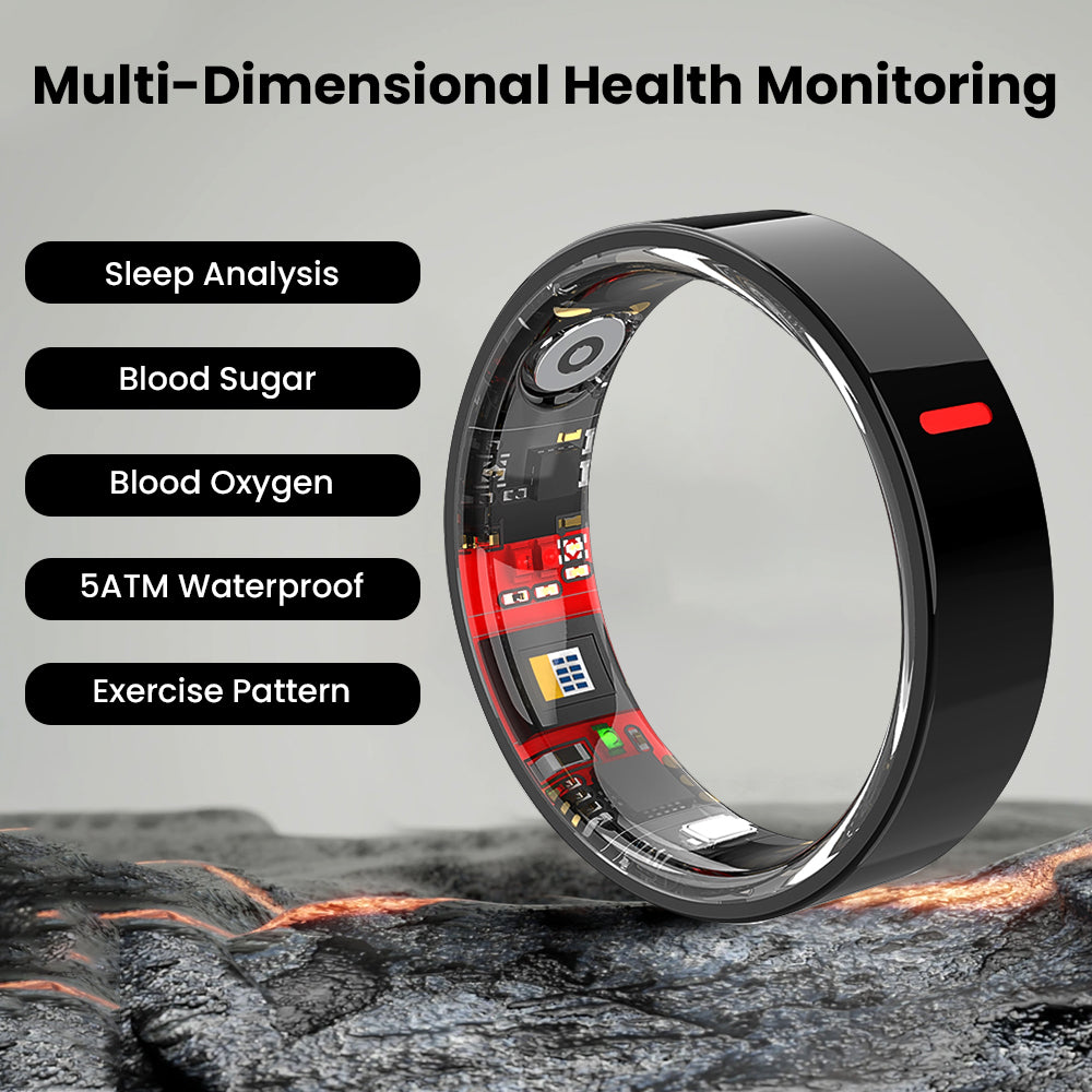 Fitlybuy Kexi-Life R03 black smart health ring showing internal biometric sensors and features list.