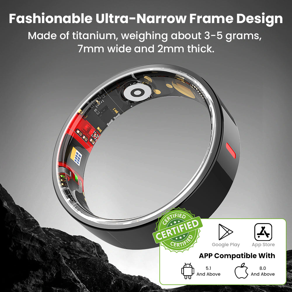 Fitlybuy Kexi-Life R03 titanium smart ring: ultra-narrow black design showing internal biometric health sensors.