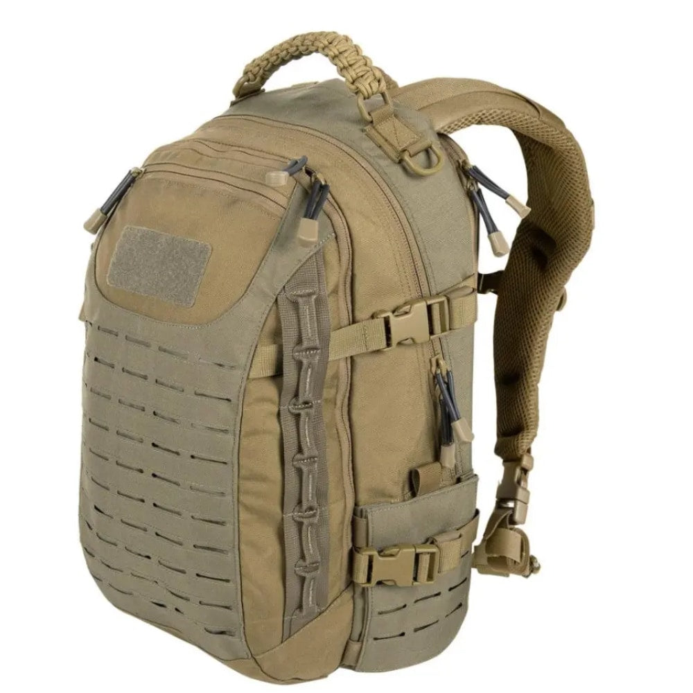 Tan 30L Fitlybuy Commando tactical backpack with MOLLE webbing, paracord handle, and compression straps on white.