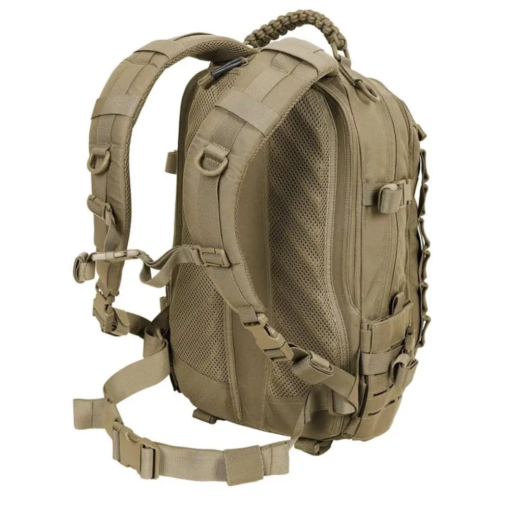 Tan 30L Fitlybuy tactical backpack with paracord handle, mesh padded straps, and weather-resistant construction.