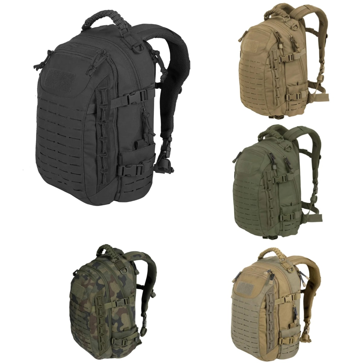 Fitlybuy Commando 30L+ tactical backpack in black, tan, olive, and camo with MOLLE webbing and durable, weather-resistant.