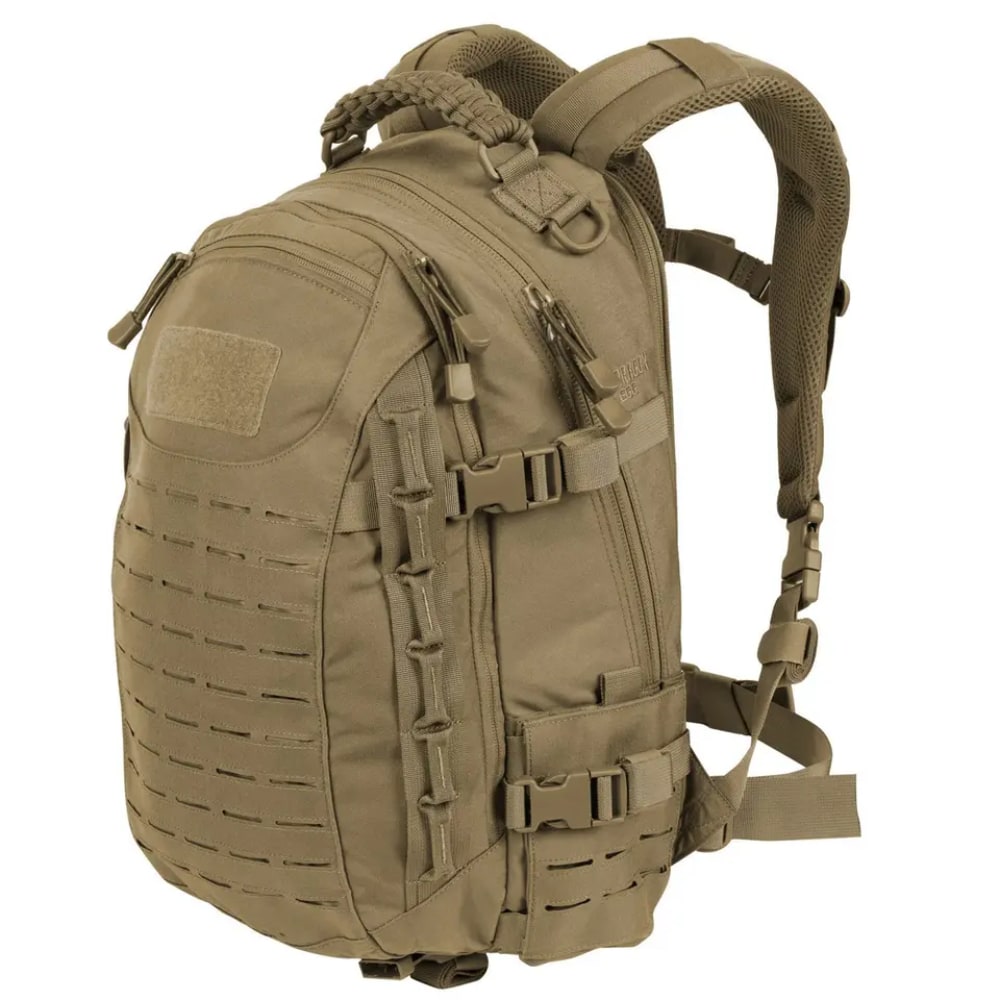 Tan Fitlybuy Commando 30L tactical backpack with MOLLE webbing, paracord handle, and padded straps on white background.