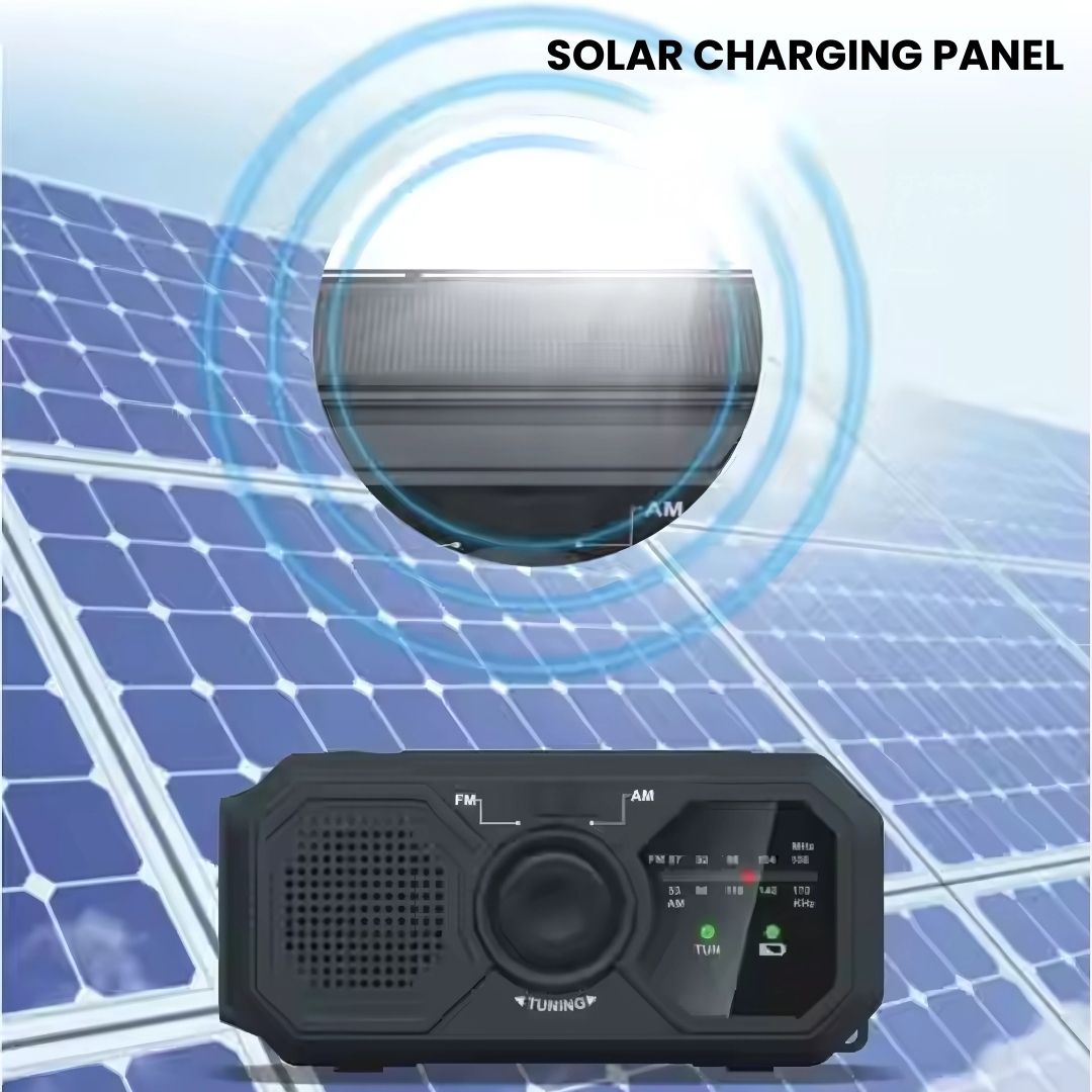 Black Fitlybuy portable emergency radio featuring a solar charging panel and manual AM/FM tuning dial.