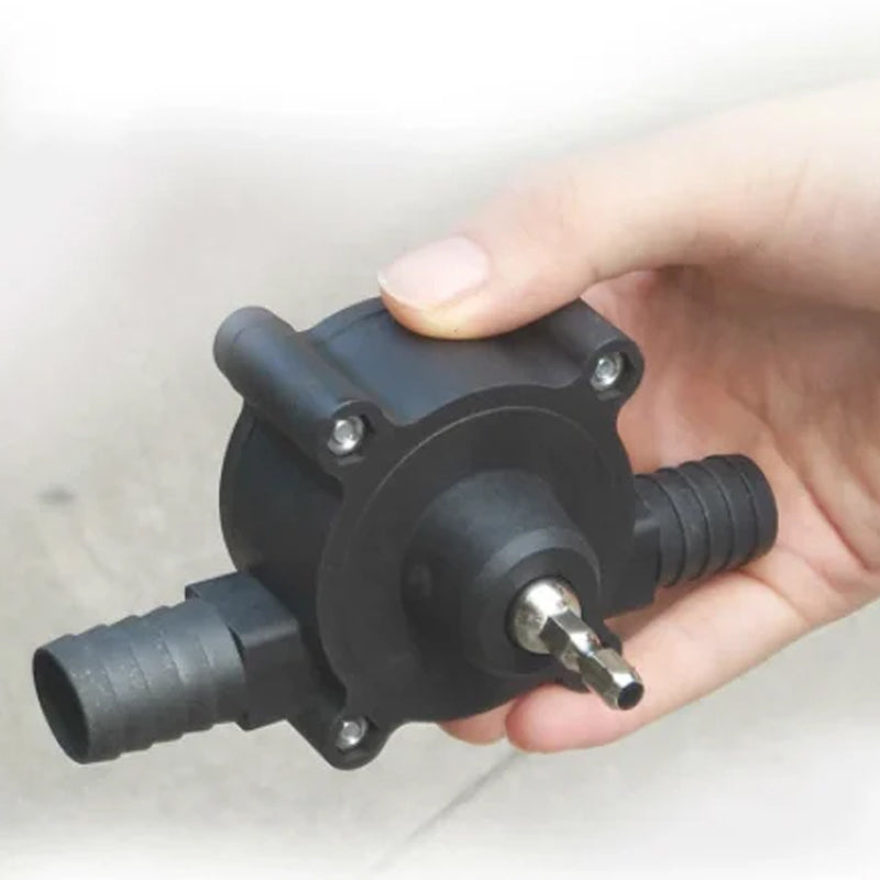 Hand holding a black Fitlybuy compact, battery-free self-priming transfer pump with a metallic drill attachment shaft.