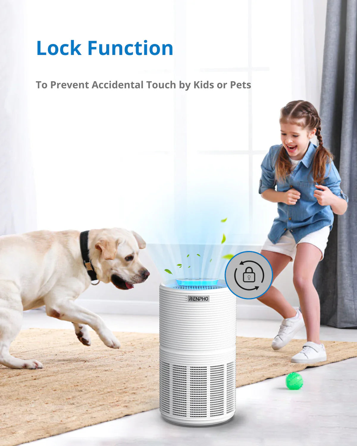 White cylindrical Fitlybuy air purifier with child-lock icon, shown in a living room with a girl and a dog.
