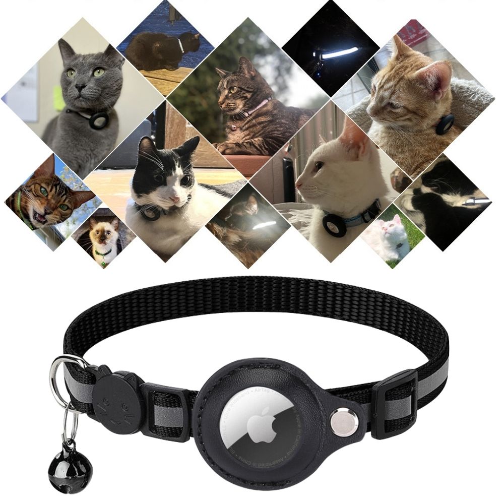 Black reflective AirTag cat collar with safety release, cat-shaped buckle, and bell, shown with cats wearing it.