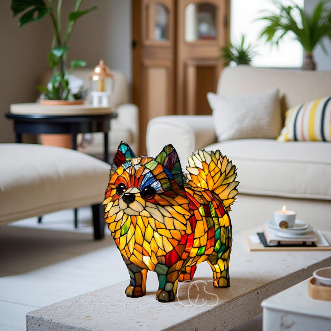 Fitlybuy GlowPaw stained-glass dog lamp with colorful acrylic mosaic design, on a table in a cozy living room.