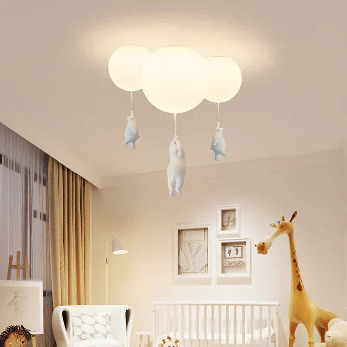 Fitlybuy CloudBear kids' ceiling light: Three glowing white balloon-shaped LED pendants held by cute white toy bears.