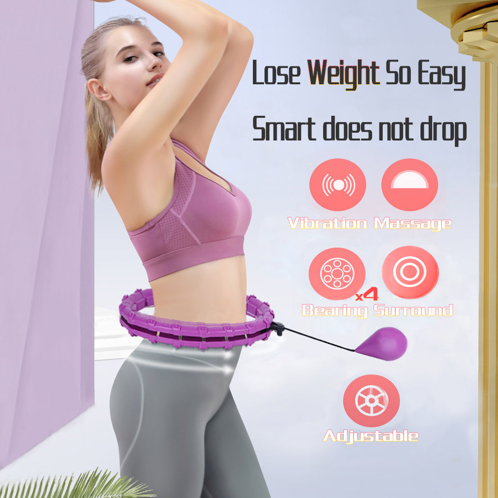 Woman wearing purple Fitlybuy smart hula hoop with adjustable weight and massage features against a light background.