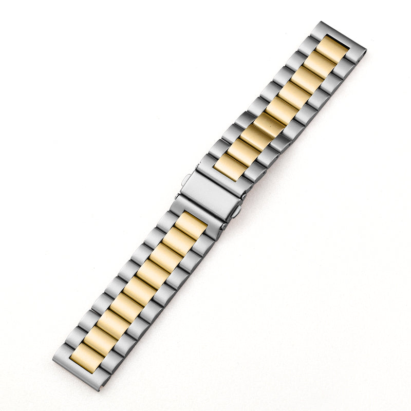 Two-tone silver and gold stainless steel watch strap with a secure folding clasp on a white background.