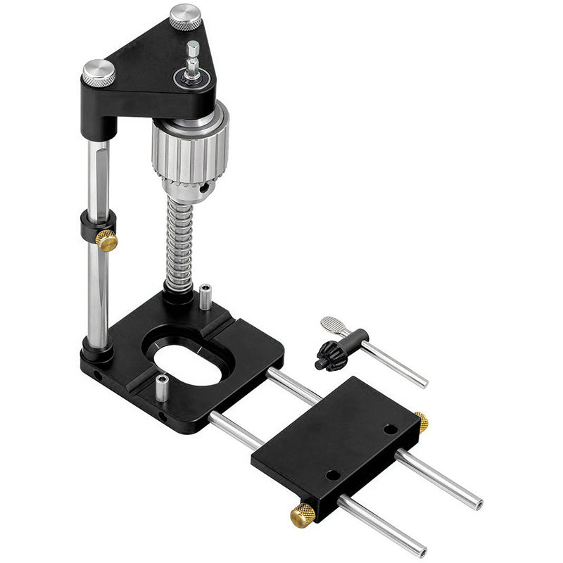 Fitlybuy black and steel woodworking drill locator with adjustable guide rails and spring-loaded chuck for precise holes.