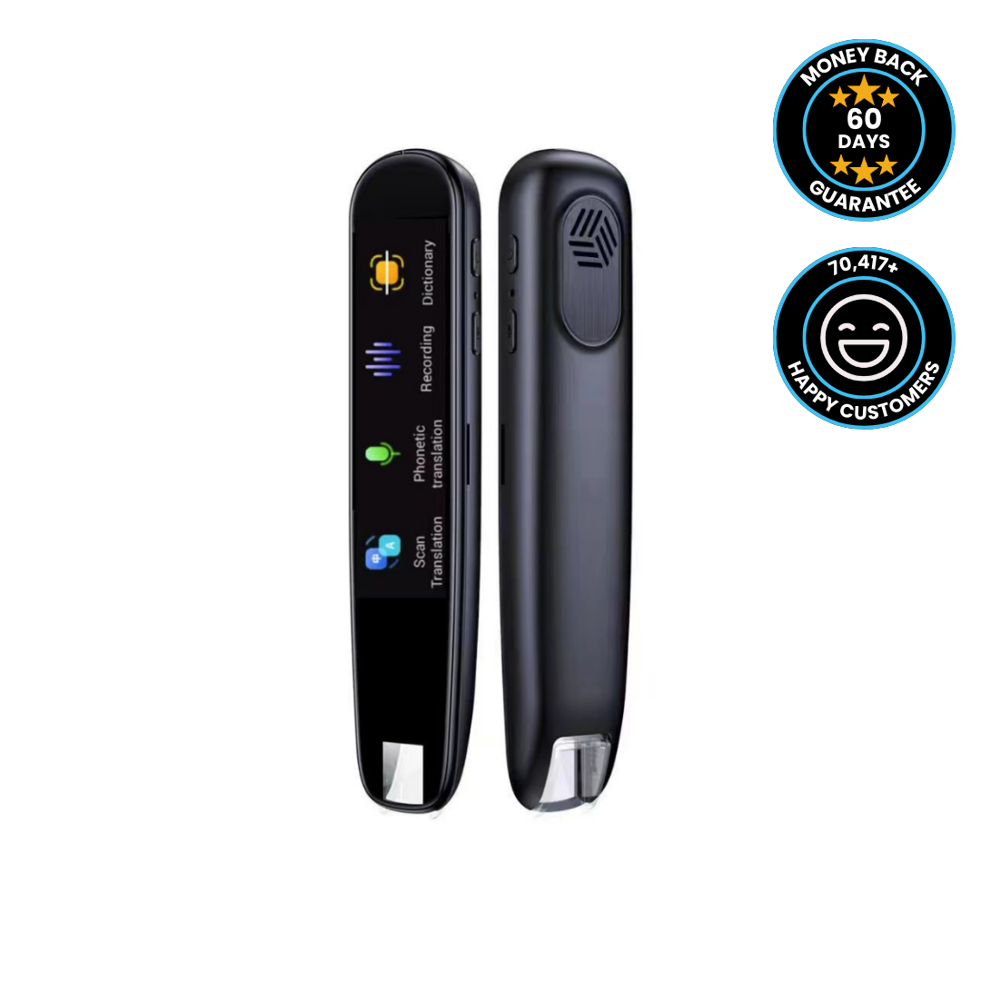 Black Fitlybuy AI translator pen showing screen with scanning, recording, and translation features, plus guarantee badges.