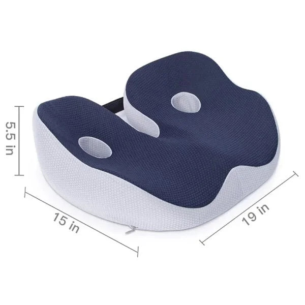 Fitlybuy navy and grey ergonomic sciatica relief cushion with cutouts, 19x15x5.5 inches, isolated on white background.