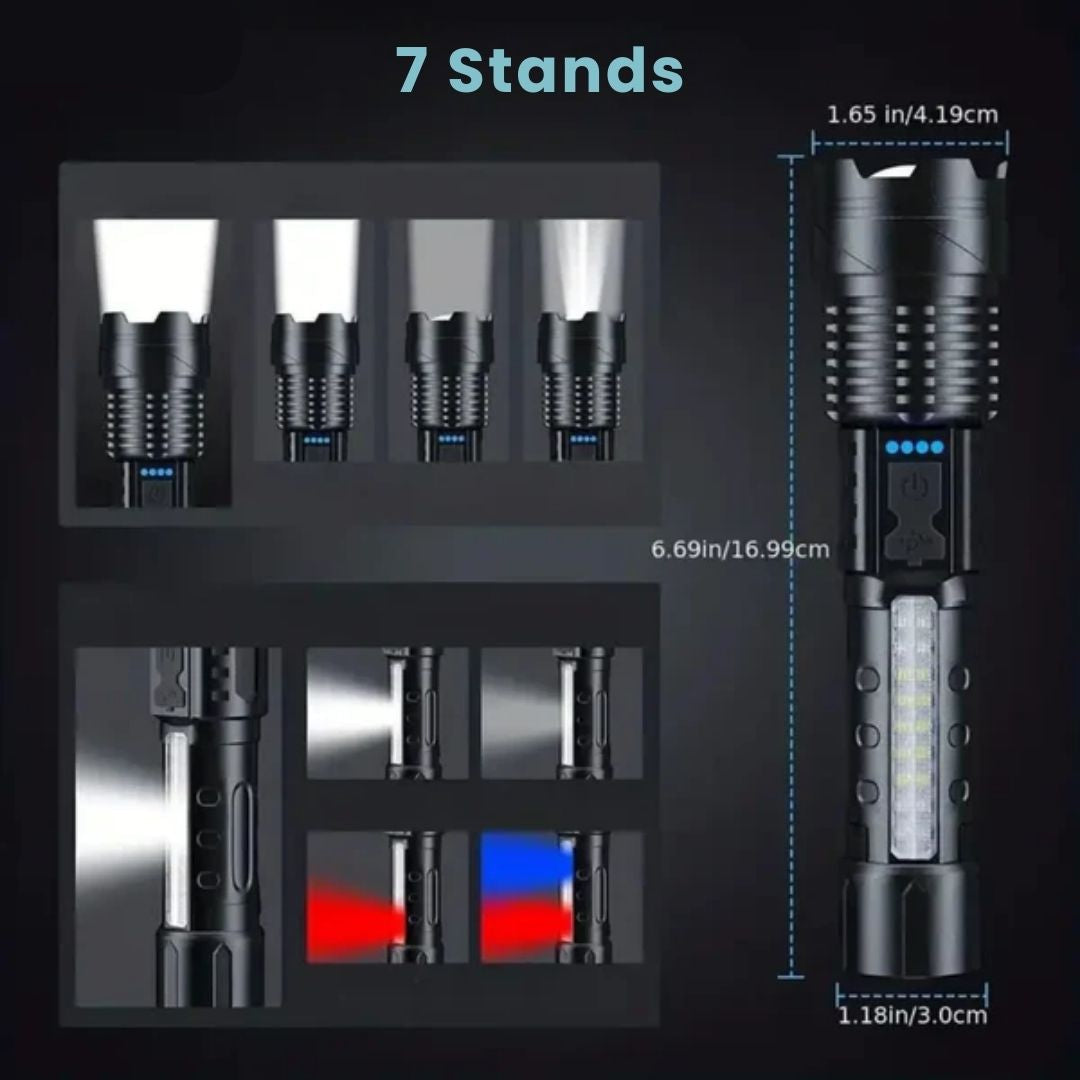 Fitlybuy zoomable black LED flashlight showing 7 lighting modes, side work light, and dimensions on a dark background.