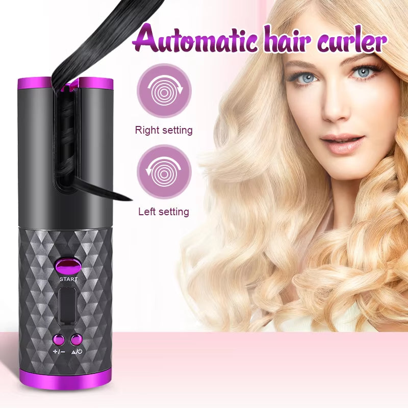 Fitlybuy Amara wireless automatic curling iron in black and purple with SmartCurl technology for left/right rotation.