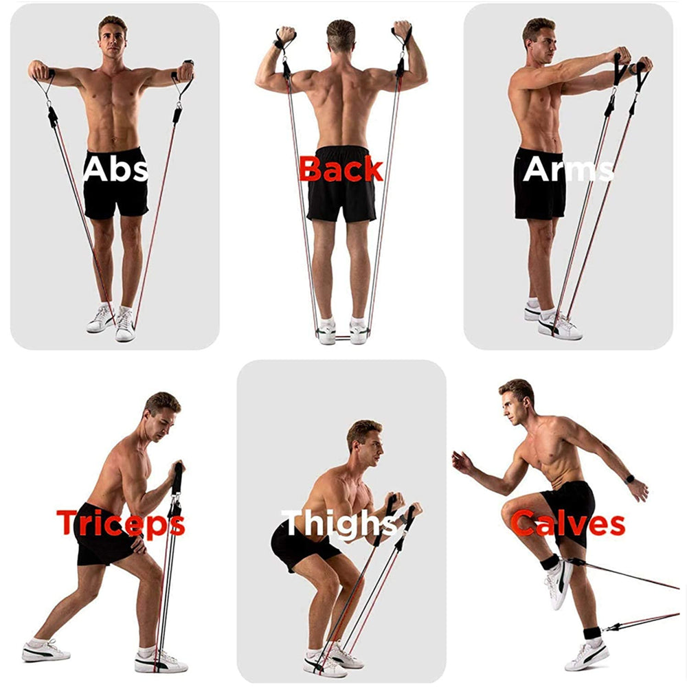 Fitlybuy 11-piece resistance band set with FlexiGrip handles shown in various full-body workout exercises.