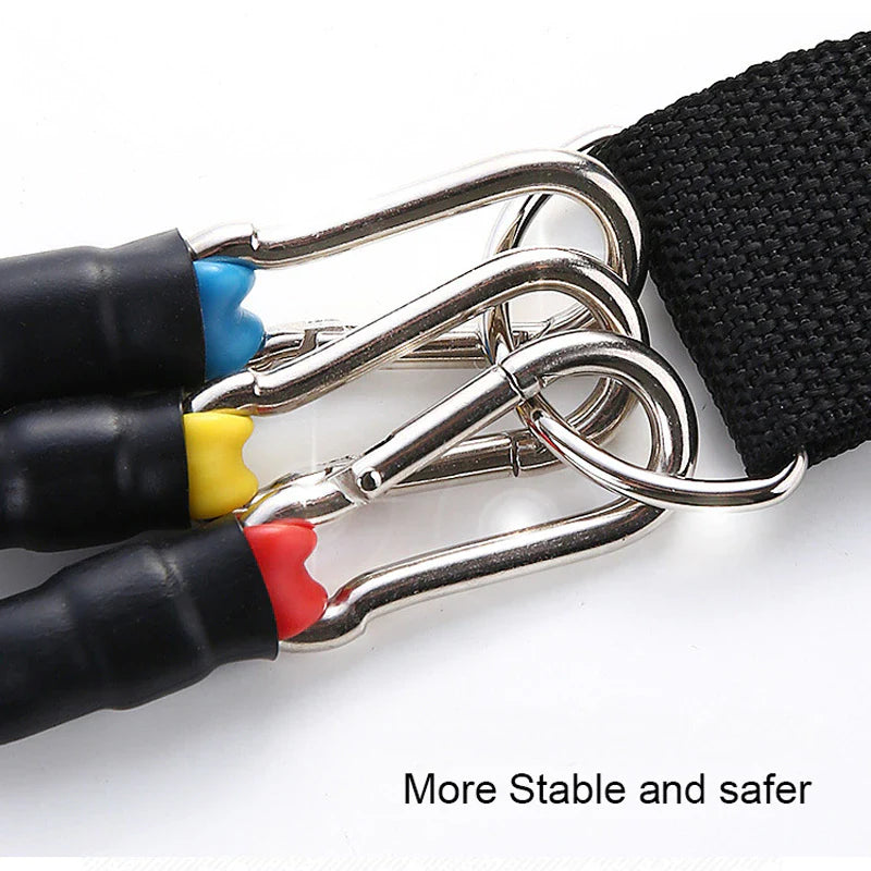Fitlybuy resistance bands with secure metal carabiners, black straps, and colorful ends for home workouts.