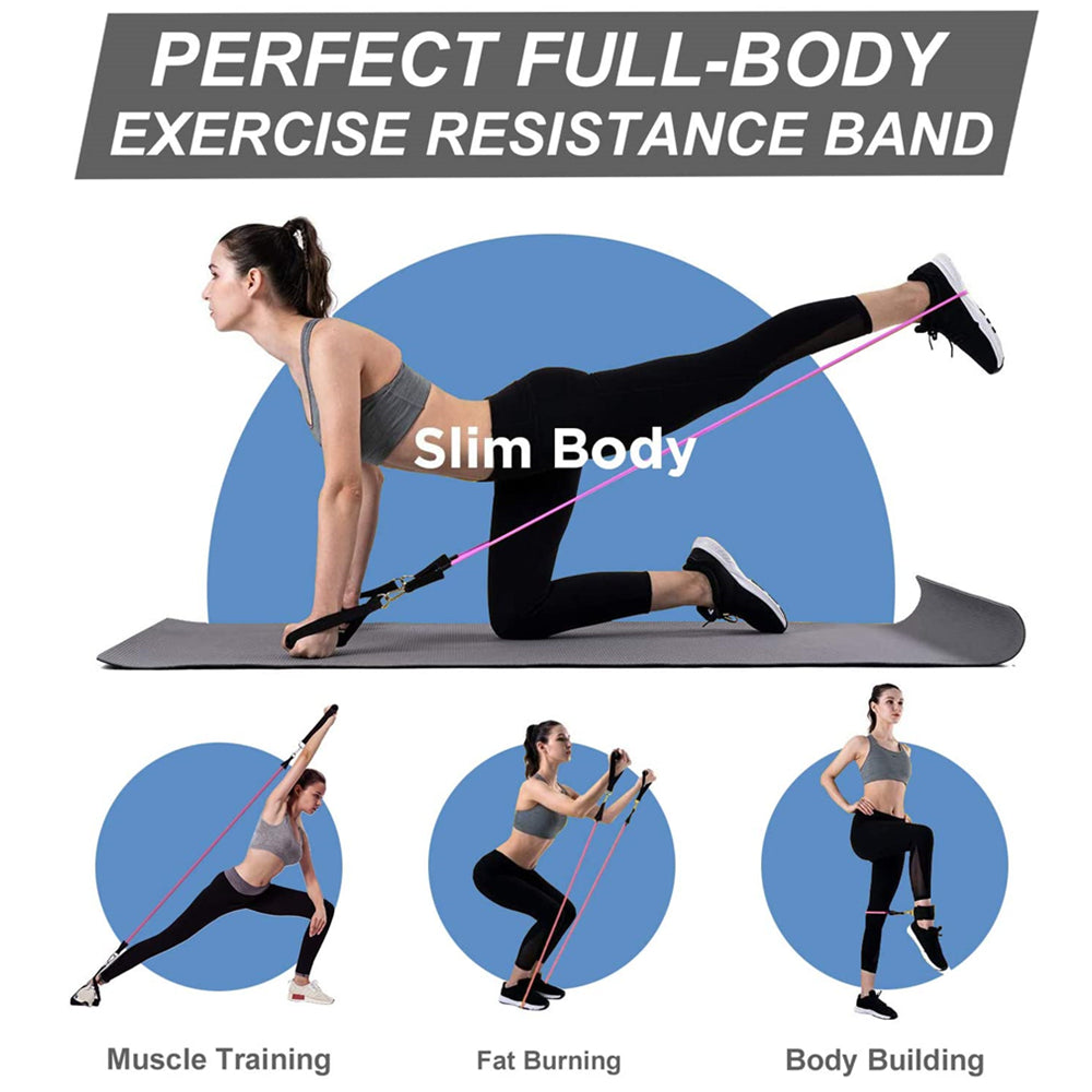 Woman using Fitlybuy 11-piece resistance band set with FlexiGrip handles for home workouts on a fitness mat.