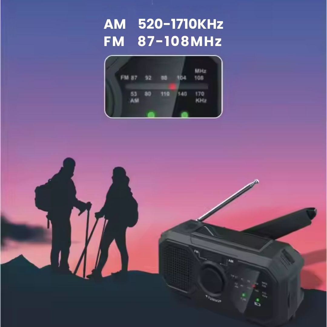 Black Fitlybuy portable emergency radio with hand crank and solar panel, set against a hiker silhouette background.