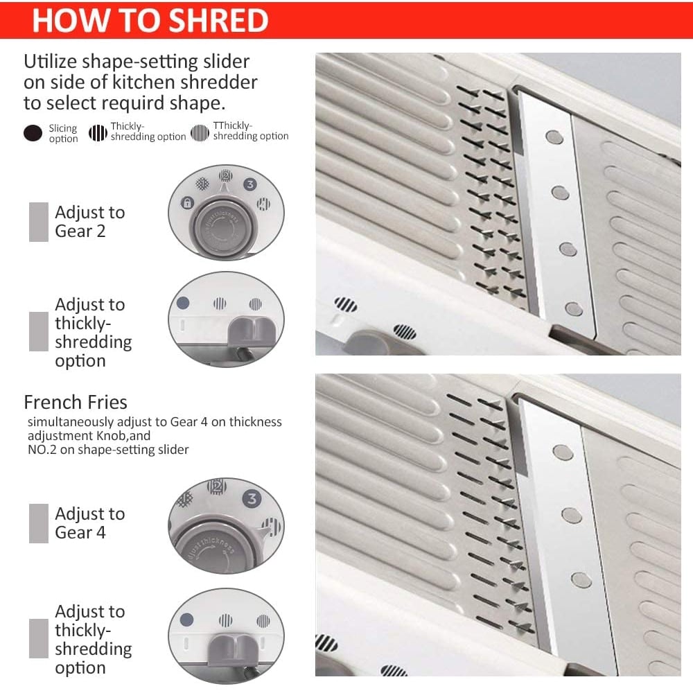 Fitlybuy professional mandoline slicer with instructional diagram for adjusting stainless steel blades and cut thickness.