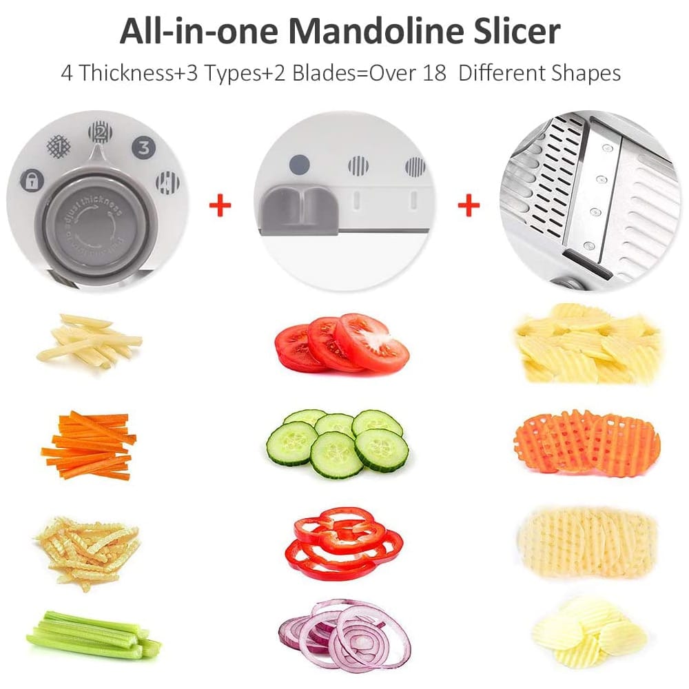 Fitlybuy mandoline slicer with stainless steel blades showing adjustable settings and various vegetable cut examples.