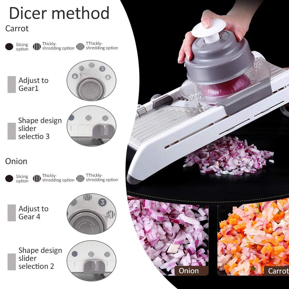 Fitlybuy white and gray adjustable mandoline slicer with stainless steel blades dicing onion and carrots.