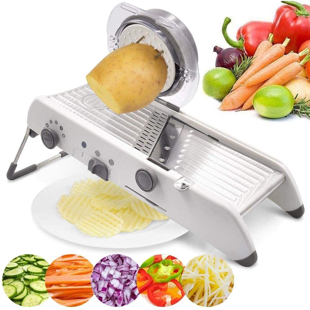 Fitlybuy grey stainless steel mandoline slicer with potato, fresh produce, and sliced vegetable examples.