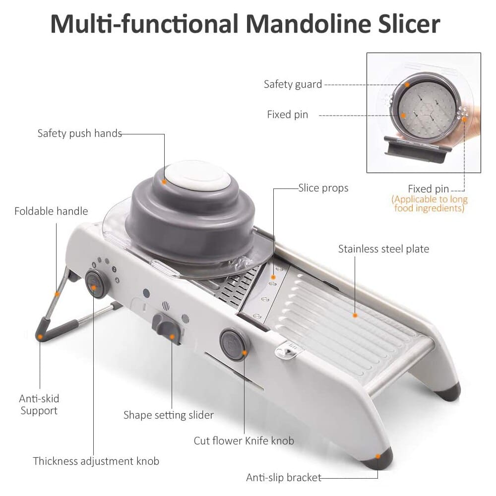 Grey and white Fitlybuy mandoline slicer with stainless steel blades, safety guard, and adjustment knobs on white background.