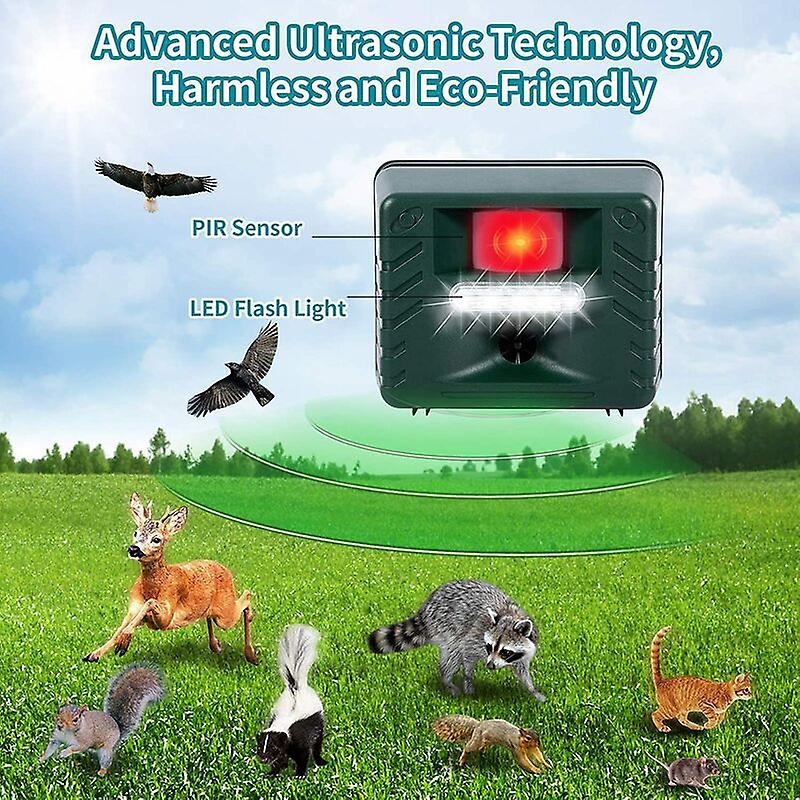 Green Fitlybuy ultrasonic repeller with red PIR sensor and LED flash, shown in a field with various wildlife animals.