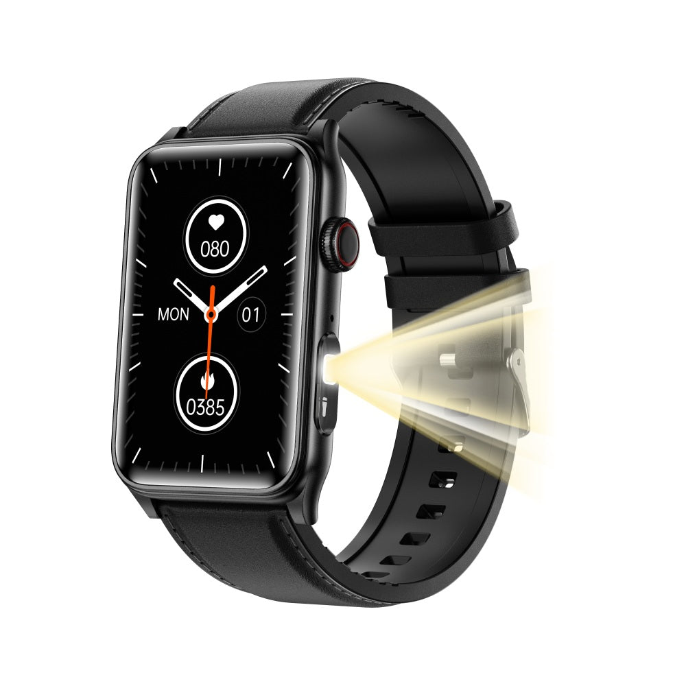 Black Fitlybuy Kexi-Life smartwatch with health tracking display and a built-in side-mounted flashlight beam.