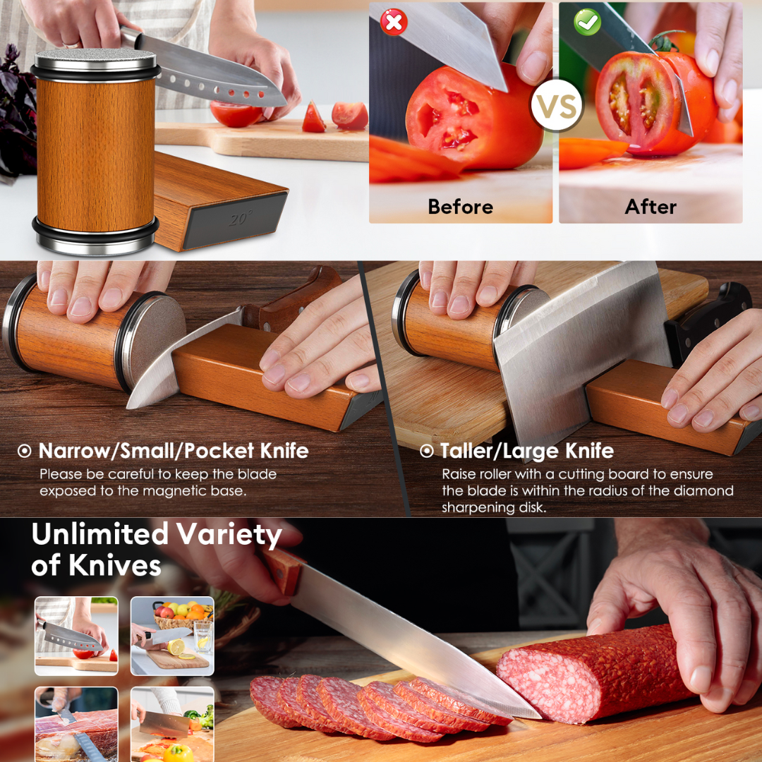 Fitlybuy wooden rolling knife sharpener with diamond disk, magnetic base, and demonstration of sharpening various knives.