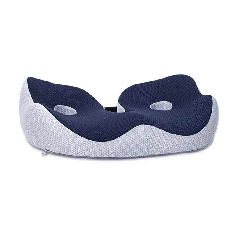 Blue and grey ergonomic sciatica relief seat cushion with a contoured design and center cutouts on a white background.