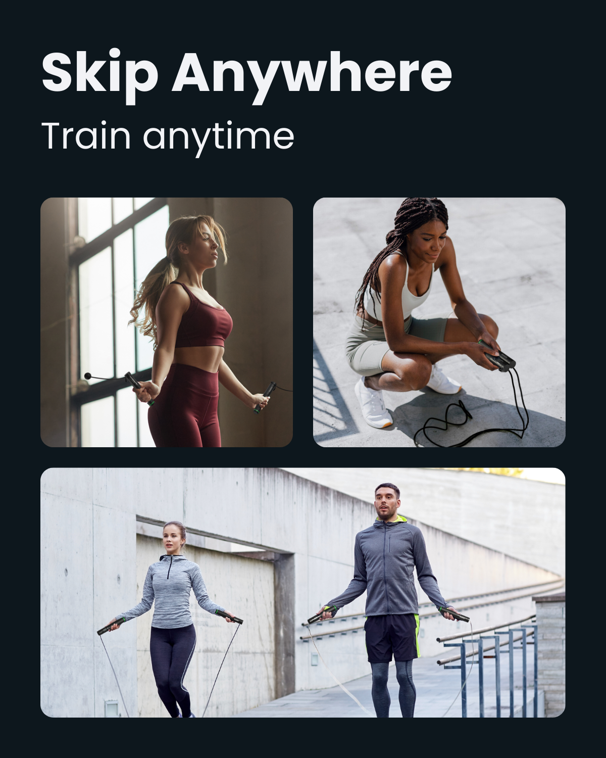 People using Fitlybuy black smart jump ropes with cordless balls for indoor and outdoor fitness training.