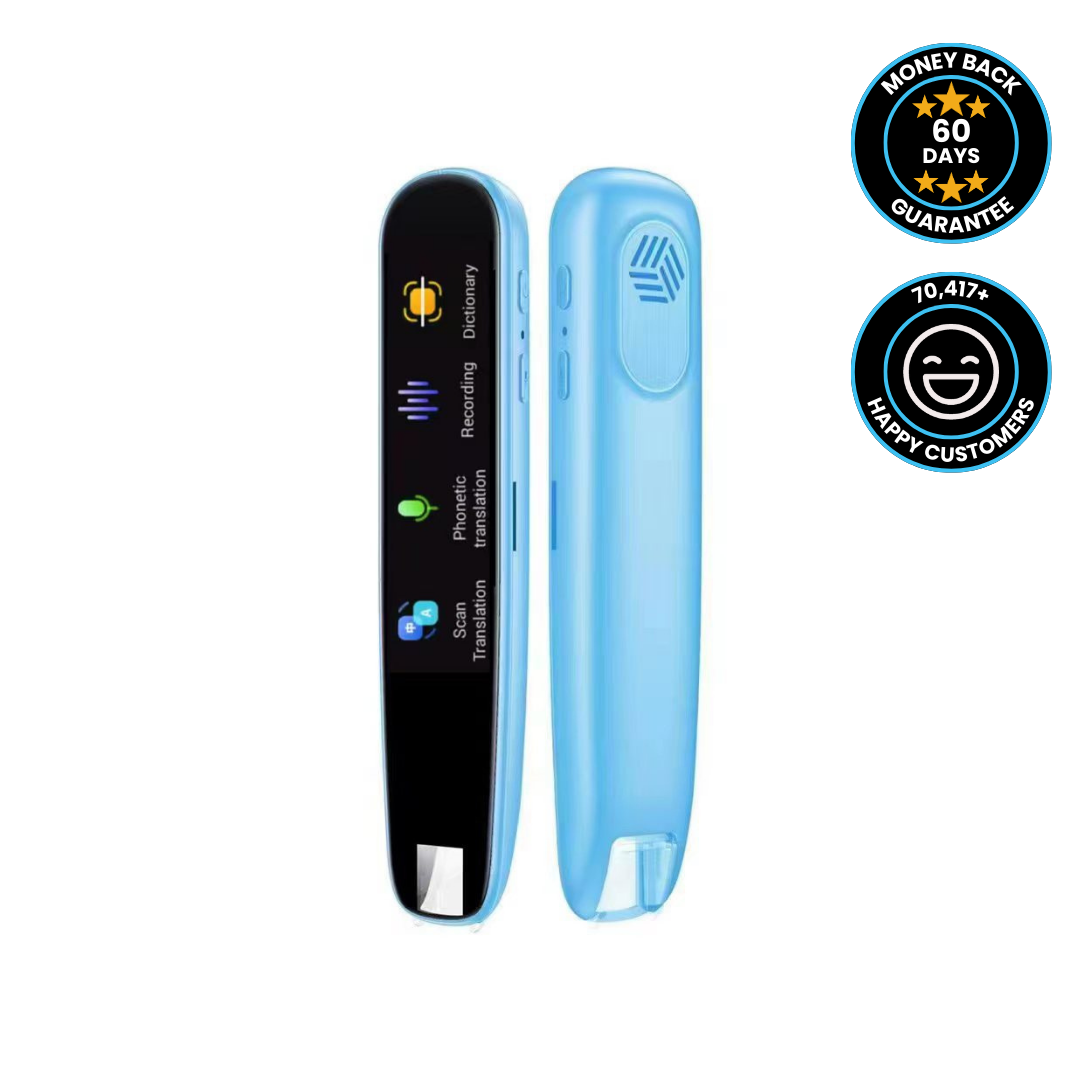 Light blue Fitlybuy AI translator pen showing touchscreen menus, voice features, and a 60-day money-back guarantee badge.