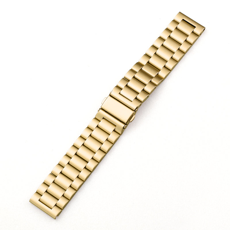 Gold stainless steel metal watch band with a secure clasp, featuring a sleek link design on a plain white background.