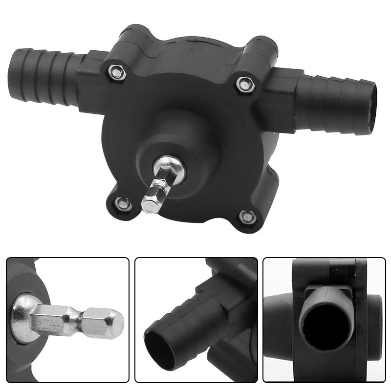 Fitlybuy black compact self-priming drill-powered transfer pump with metal drill shank and barbed hose connectors.