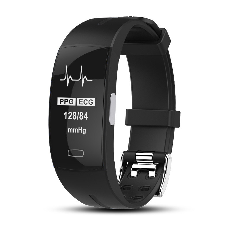 Black Fitlybuy SmartFit Bluetooth smartwatch displaying PPG, ECG, and blood pressure readings on a digital screen.