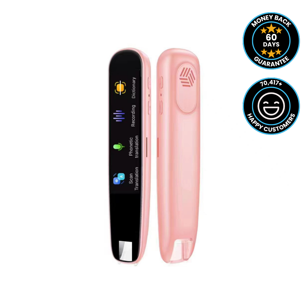 Pink Fitlybuy Smart AI Translator Pen showing touchscreen menu icons with 60-day guarantee and customer review badges.