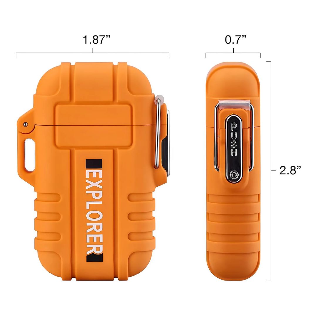 Orange Fitlybuy StormLighter survival lighter, waterproof, with dimensions labeled. Features a "PUSH" ignition button.