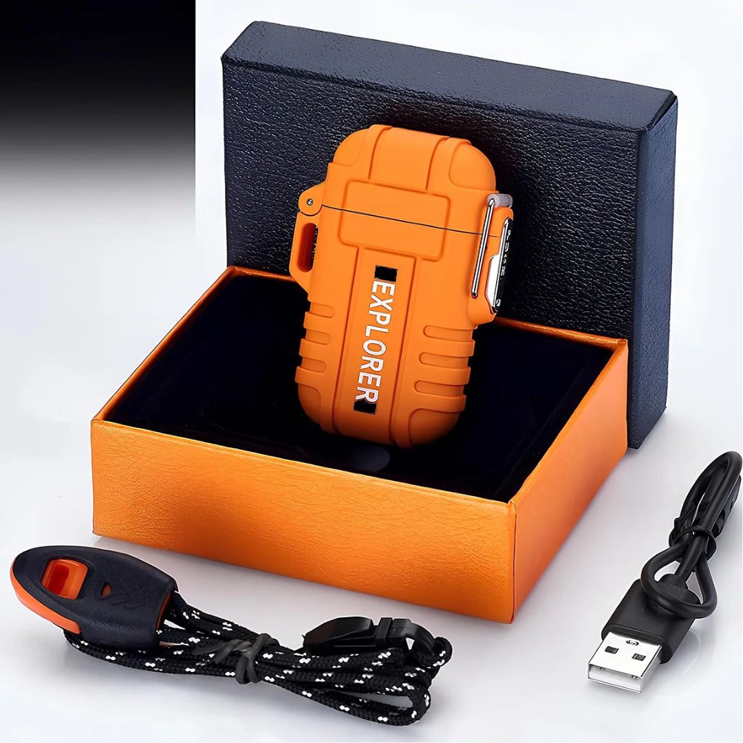 Orange Fitlybuy StormLighter survival lighter with lanyard and USB cable in a gift box.