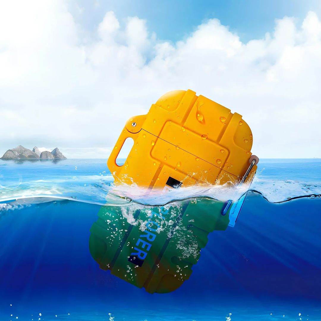 Fitlybuy waterproof, windproof yellow survival lighter floating in blue ocean water, showing its rugged case design.