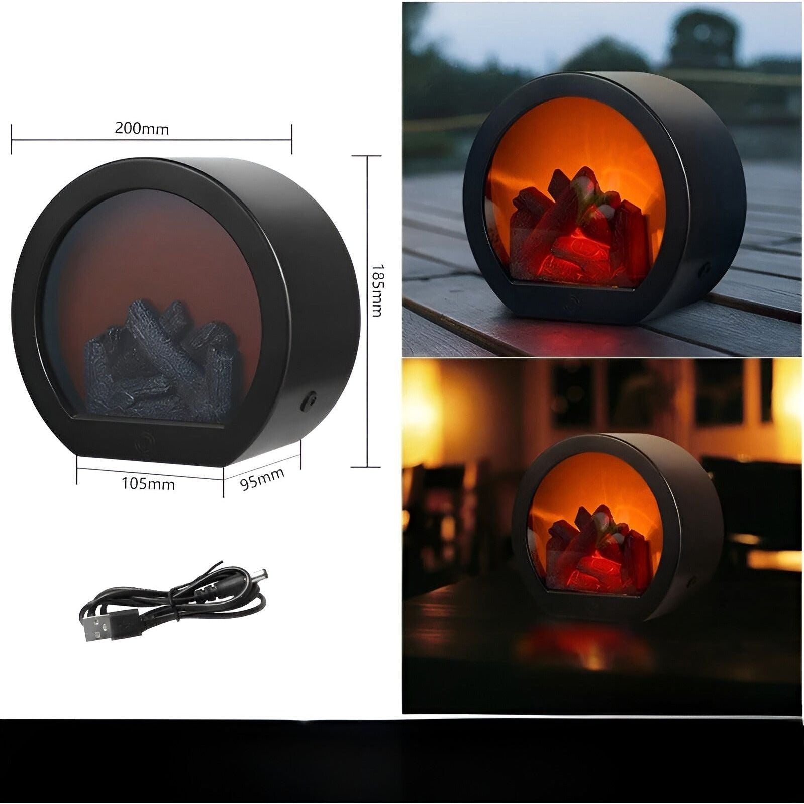 Fitlybuy black round LED lantern with realistic fire flame effect, shown with dimensions, USB cable, and ambient use.