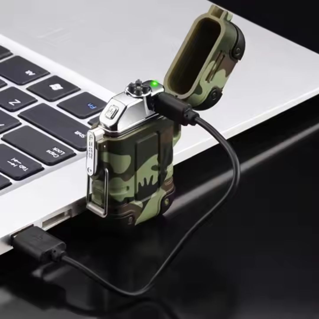 Camo Fitlybuy StormLighter charging via USB cable connected to a laptop keyboard.